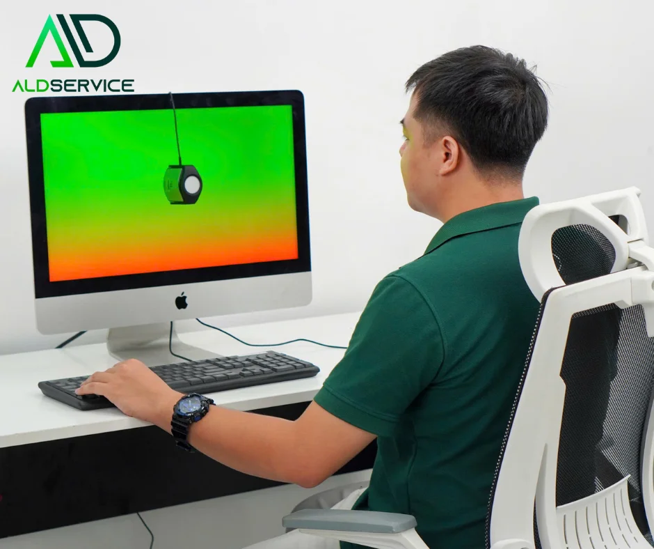 Kỹ thuật viên ALD Service cân màu màn hình đồ họa bằng thiết bị SpyderX